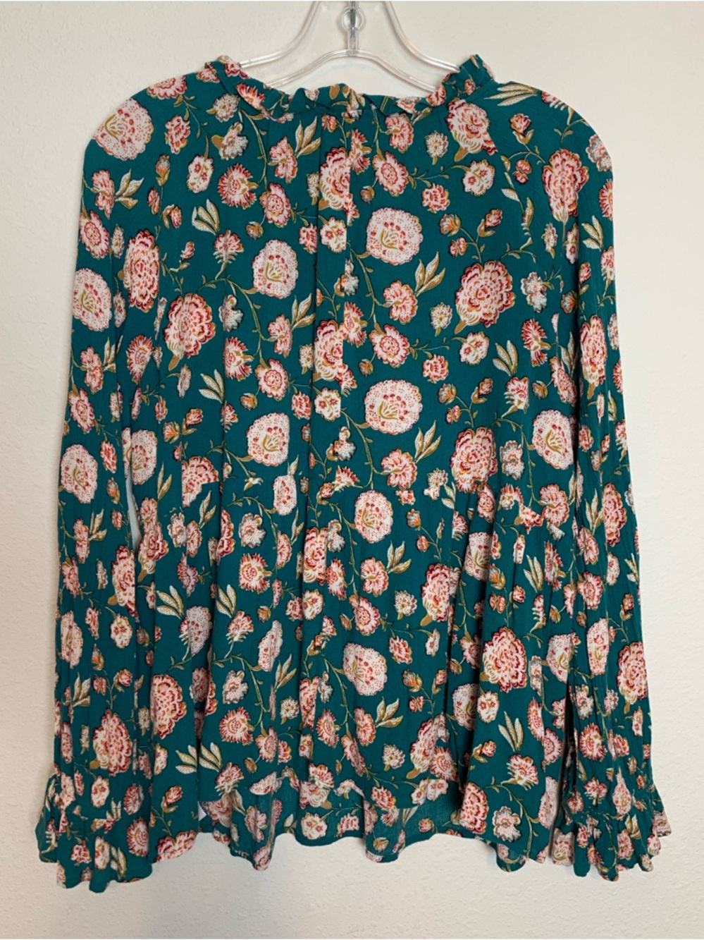 Wonderly Teal Floral Long-Sleeve Ruffle Peasant Blouse Large Rayon  Lightweight - Picture 3 of 8